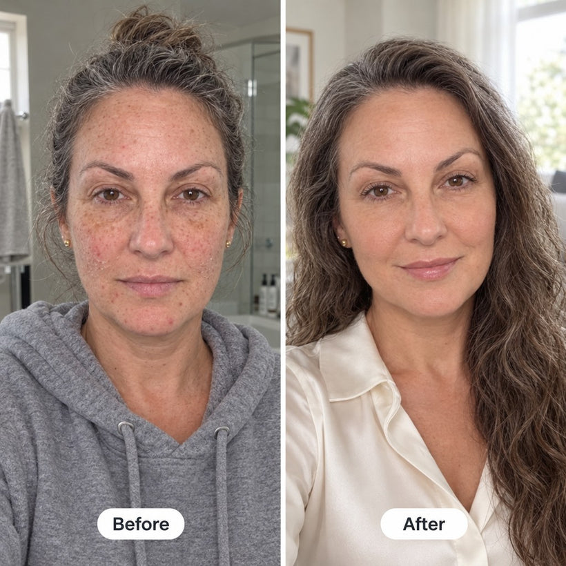 Woman over 45 looking in the bathroom mirror